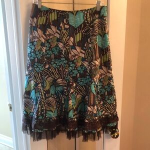 A-Line Floral Print Skirt in Teal and Brown with Ruffle Hem